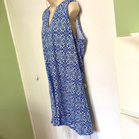 LANDS END Floral Geometric Sleeveless Casual Summer Dress Blue White Medium - Picture 6 of 12
